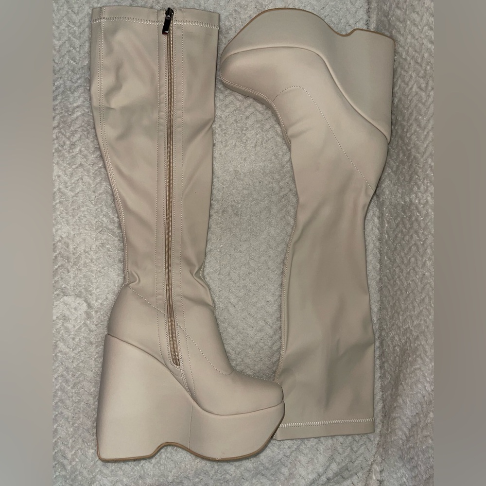 Vivianly Platform Beige Round Toe Wedge Chunky Heels Knee High Boots
